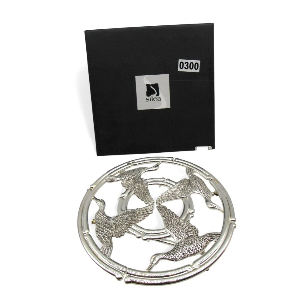 SILEA Expandable TRIVET Silver Plated Zinc with Duck Bird Design Boxed